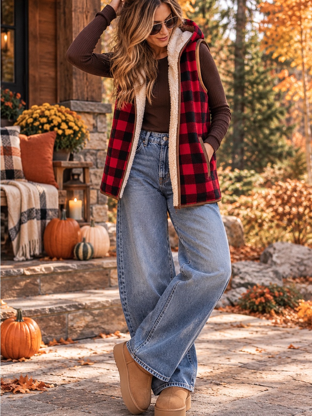 LEFENDARY- Plaid Sherpa fleece vest with hood